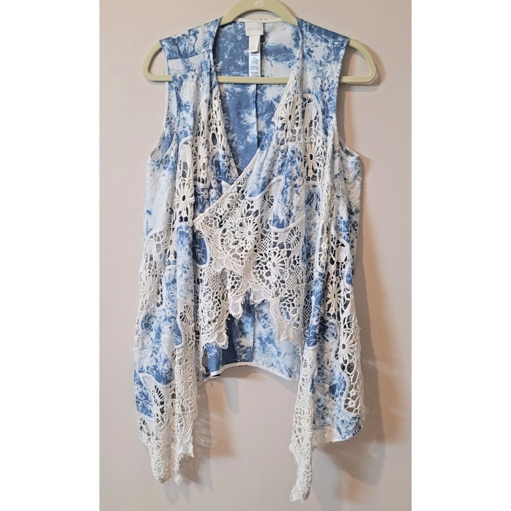 Chico’s Blue Tie Dye Lace Boho Open Front Vest Size 2
